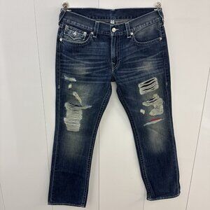 True Religion Mens 36x34 Blue Straight Leg Flap Pocket Distressed Stitched Jeans